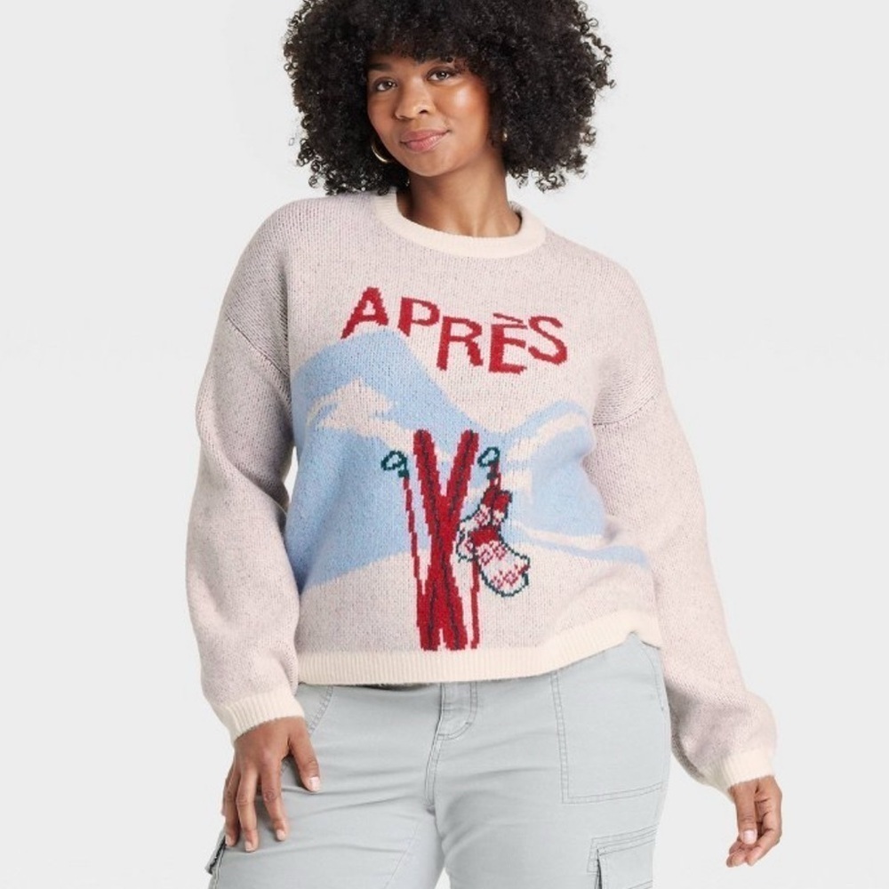 Target Holiday Crewneck Sweater A New Day Cream Blue Red Apres Ski Size XXL New